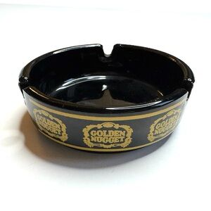 Vintage Golden Nugget Casino Black Glass Round Ashtray